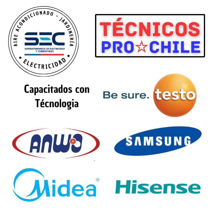 Logotipos de marcas colaboradoras de TecnicosPro Chile: Anwo, Samsung, Midea, Hisense y Testo, junto a logos de SEC y Técnicos Pro Chile.