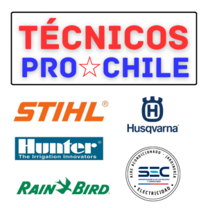 Logotipos de marcas y certificación SEC de Técnicos Pro Chile para servicios de jardinería y riego automático en Colina y Chicureo.